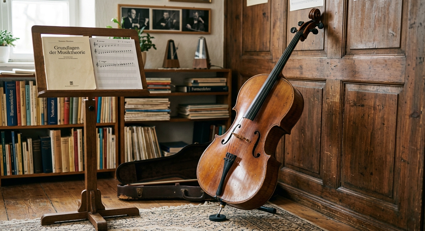 Ein Cello steht neben einem hölzernen Notenständer mit dem Buch „Grundlagen der