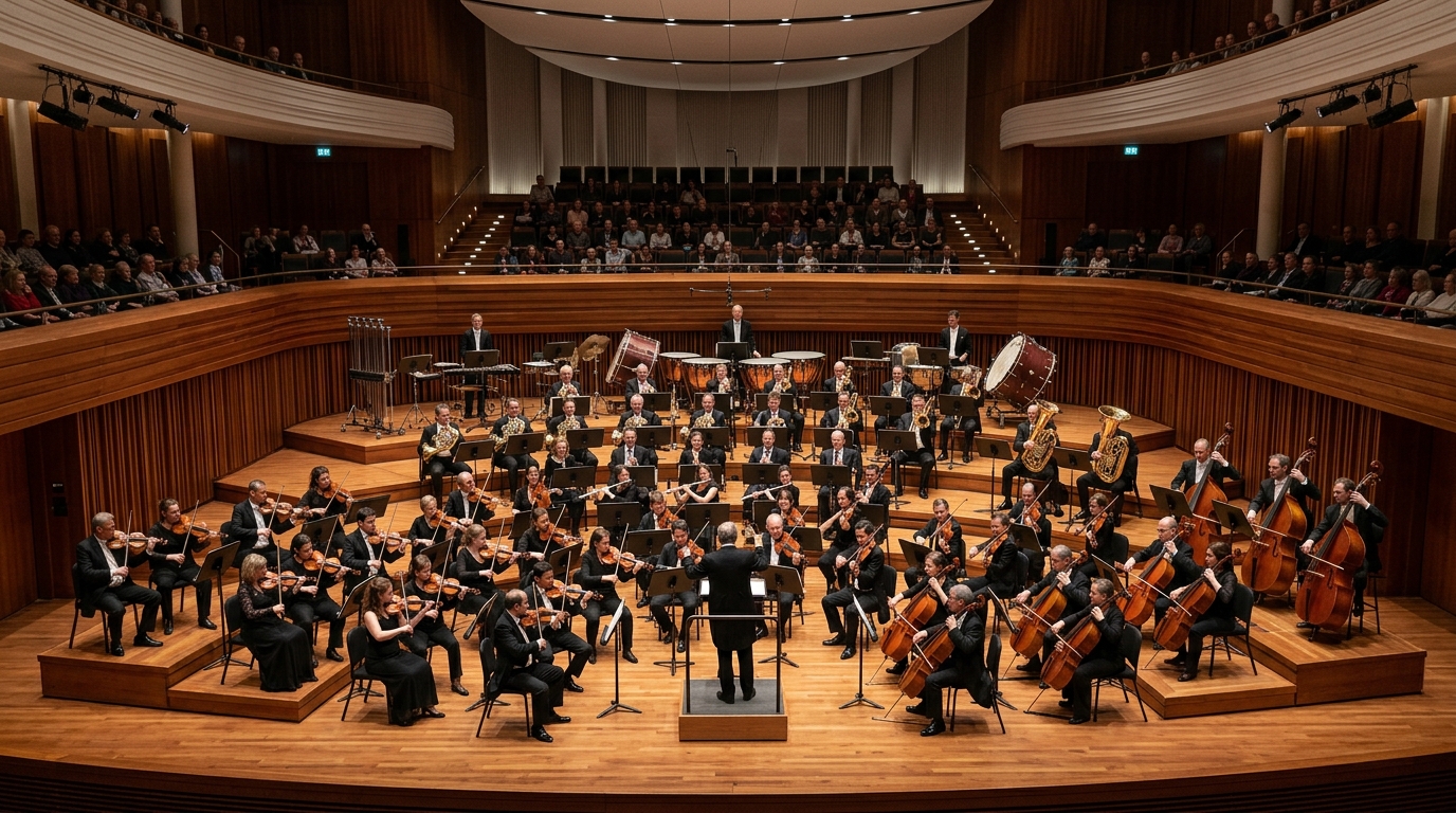 Ein großes Symphonieorchester spielt unter der Leitung eines Dirigenten auf