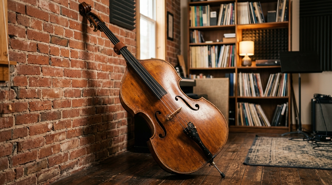Ein Kontrabass lehnt an einer Backsteinwand in einem gemütlichen Musikzimmer