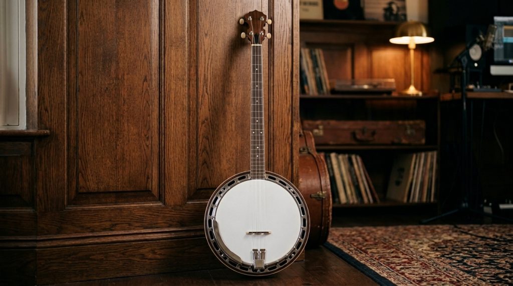 Ein viersaitiges Banjo lehnt an einer dunklen Holzverkleidung