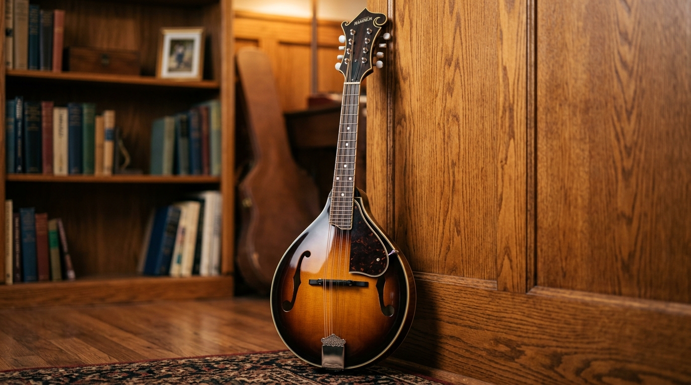 Eine Akustik-Mandoline mit Sunburst-Lackierung lehnt an einer Holzvertäfelung