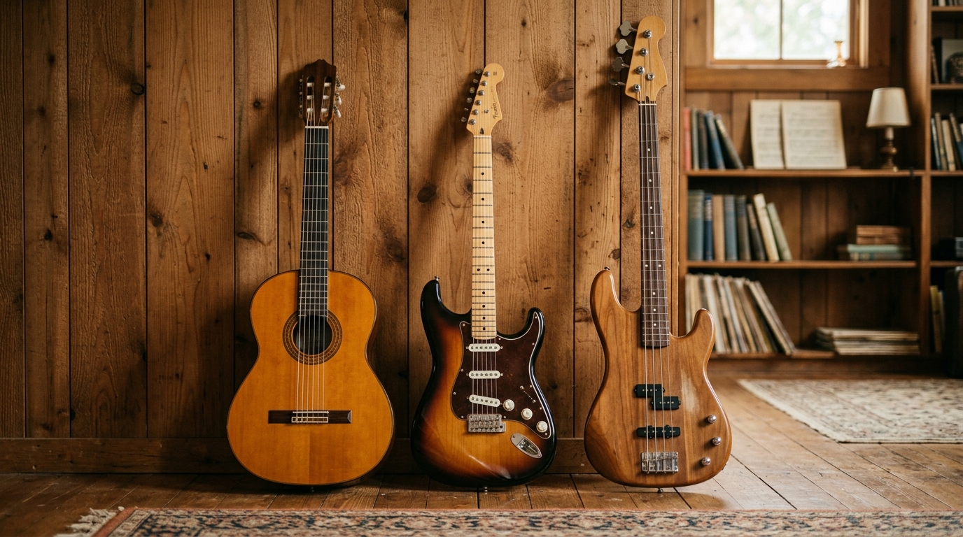 Eine Akustikgitarre, eine E-Gitarre und ein E-Bass lehnen nebeneinander an einer Holzwand