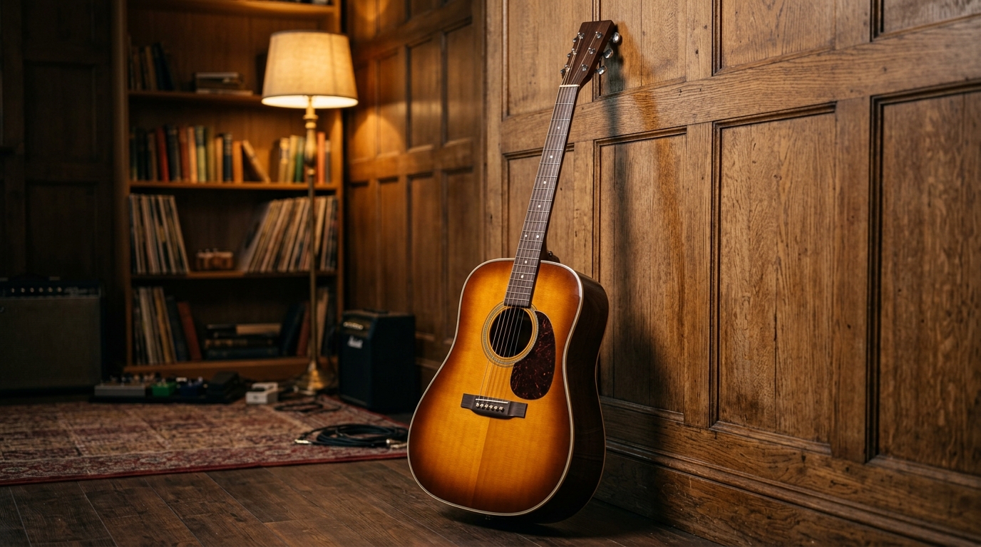 Eine Akustikgitarre mit Sunburst-Maserung lehnt an einer Holzverkleidung in