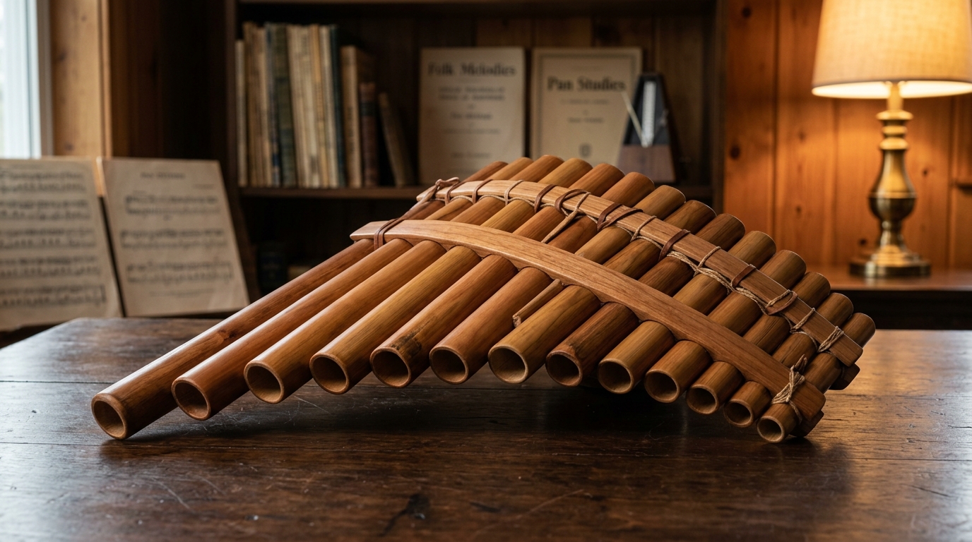 Gekrümmte Panflöte aus Holz auf einem Tisch vor einem Bücherregal