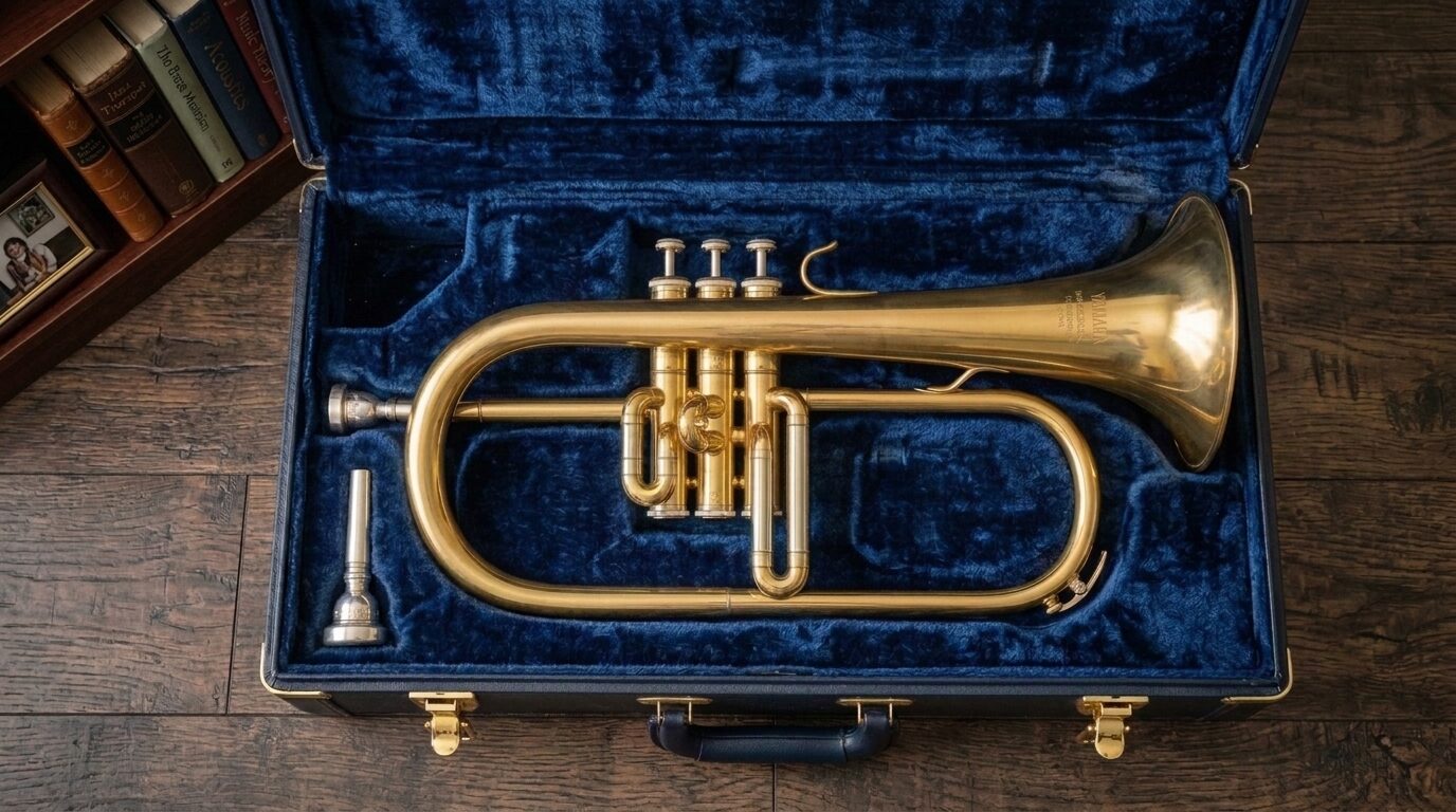 Goldenes Flügelhorn mit Mundstück in einem geöffneten, blau ausgekleideten Koffer.