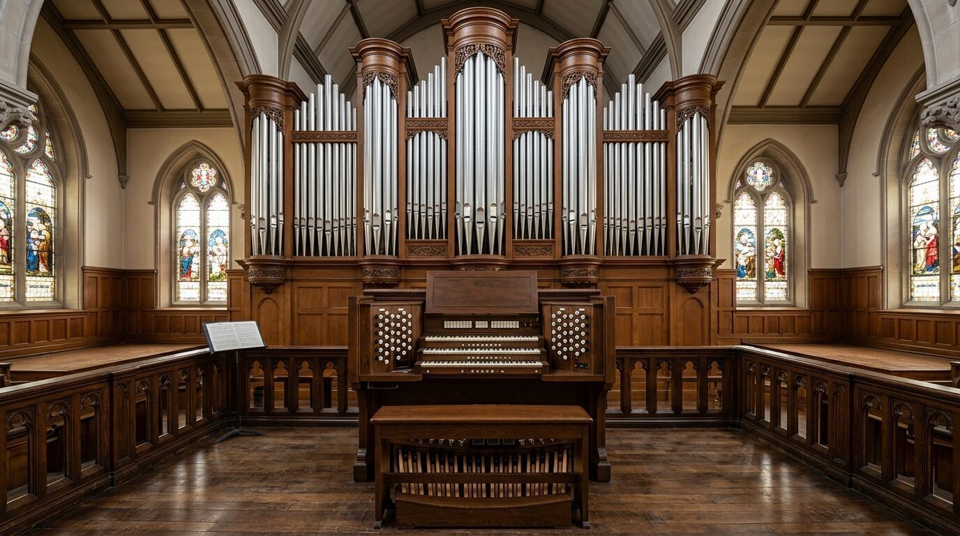 Große Pfeifenorgel aus Holz mit Spieltisch und Pedalen in einer Kirche