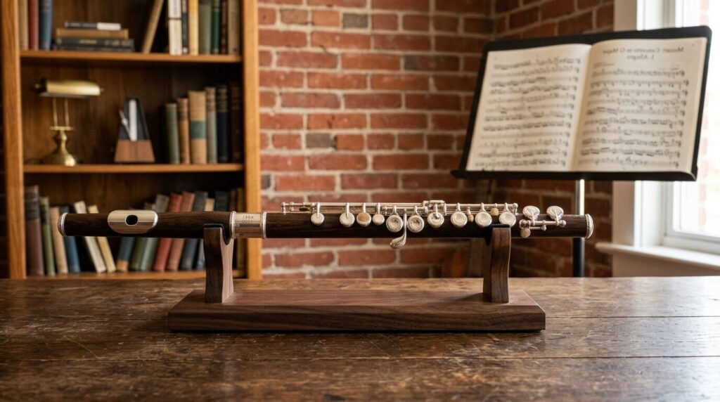 Piccolo aus Holz mit silbernen Klappen auf einem Holzständer vor einem Notenständer und Bücherregal