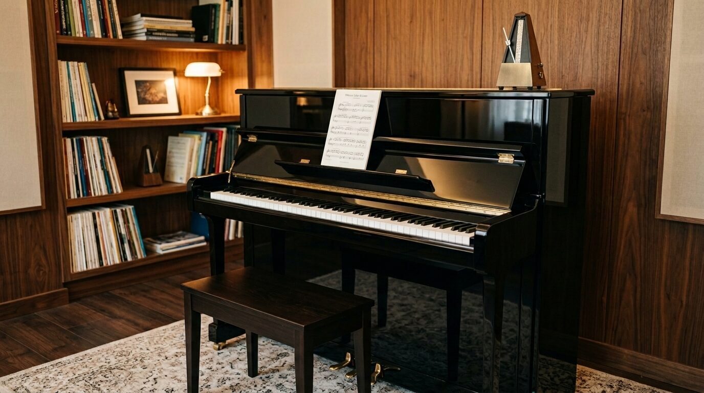 Schwarzes Klavier mit aufgeschlagenen Noten, einer Klavierbank