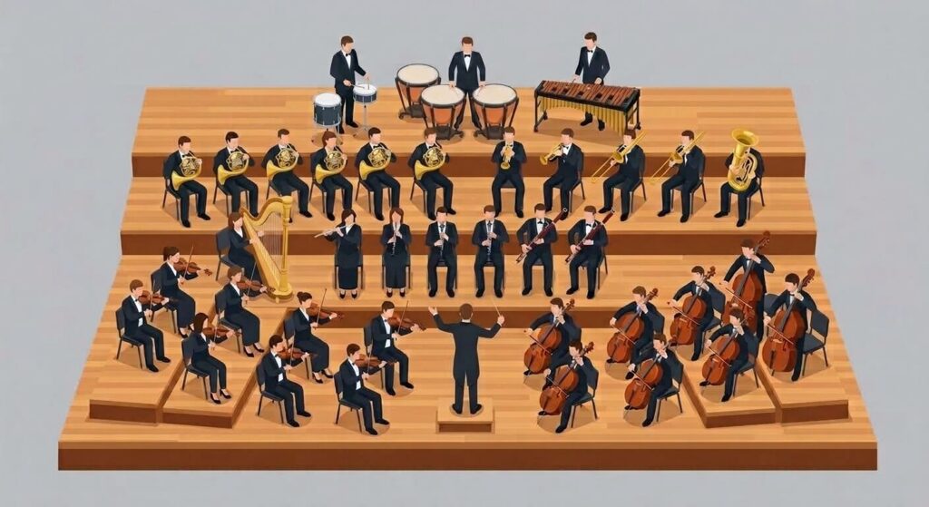 Symphonieorchester mit Dirigent, angeordnet nach Instrumentengruppen auf einer gestuften Holzbühne