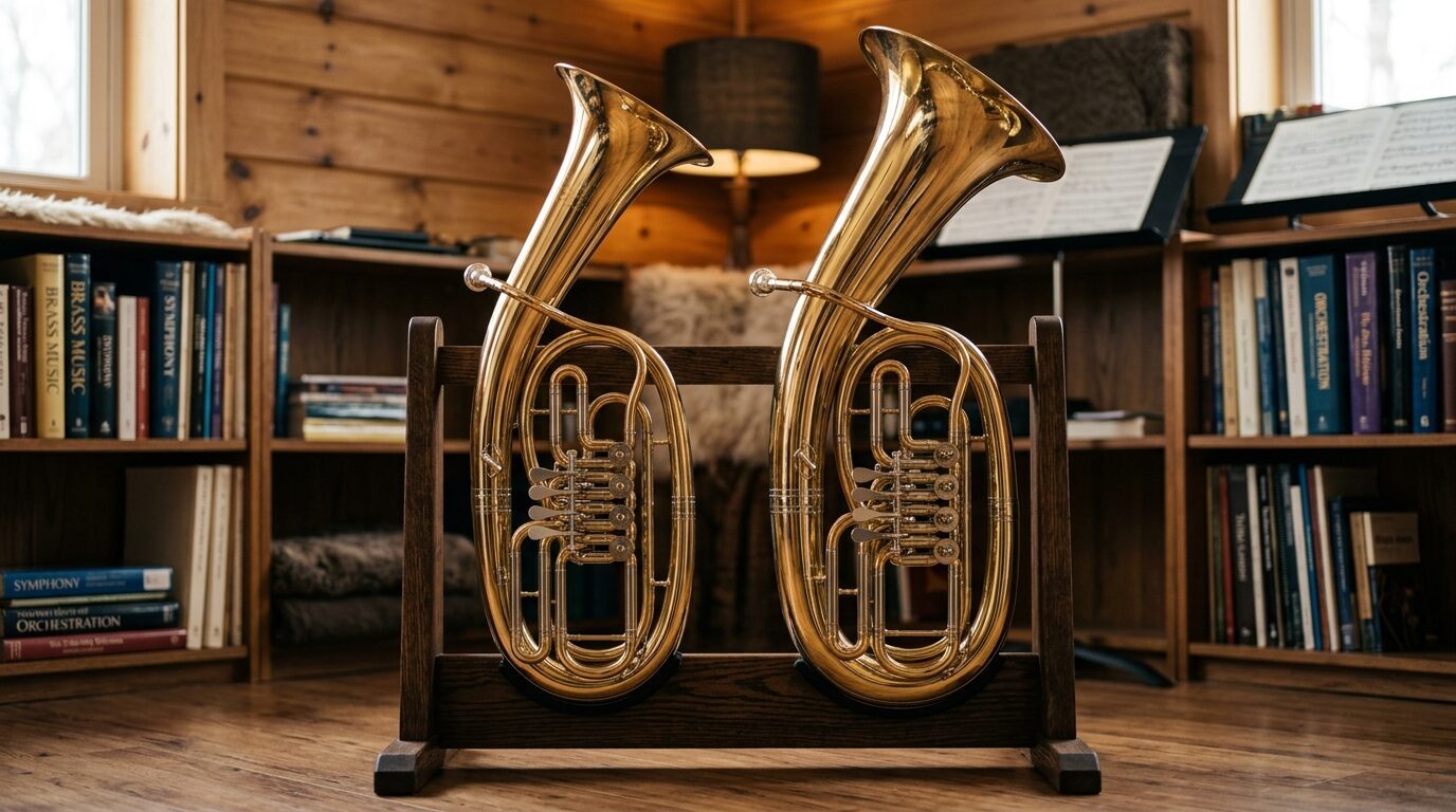 Tenorhorn und Bariton aus Messing auf einem Holzständer in einem Musikzimmer.