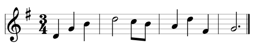 {   "clef": "treble",   "timeSignature": "3/4",   "keySignature": "G",   "instrument": "violin",   "widthMode": "flex",   "notes": [     { "keys": ["d/4"], "duration": "q" },     { "keys": ["g/4"], "duration": "q" },     { "keys": ["b/4"], "duration": "q" },     { "type": "bar", "barlineStyle": "single" },     { "keys": ["d/5"], "duration": "h" },     { "keys": ["c/5"], "duration": "8" },     { "keys": ["b/4"], "duration": "8" },     { "type": "bar", "barlineStyle": "single" },     { "keys": ["a/4"], "duration": "q" },     { "keys": ["d/5"], "duration": "q" },     { "keys": ["f#/4"], "duration": "q" },     { "type": "bar", "barlineStyle": "single" },     { "keys": ["g/4"], "duration": "h." }   ] }