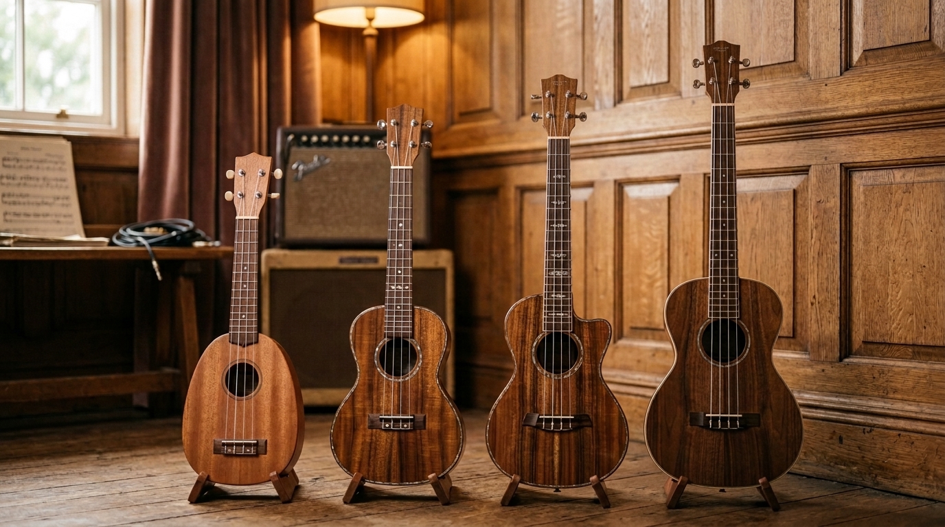 Vier Holz-Ukulelen in aufsteigender Größe und verschiedenen Bauformen